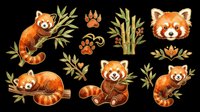 Red panda clipart collection with bamboo leaves and paw prints isolated on transparent background, ready for t-shirts, stickers, sublimation and print-on-demand designs.