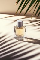 Elegant perfume bottle with palm leaf shadows on beige background. Luxury fragrance in square glass container with silver cap creates modern minimal composition.