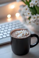 Hot chocolate in black mug decorated with white flowers, laptop keyboard and blurred lights in background, cozy home office atmosphere for social media.