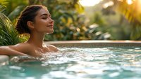 Young woman relaxing in infinity pool at sunset, surrounded by tropical plants. Serene expression with eyes closed, enjoying spa wellness experience.