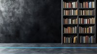 Books arranged on wooden bookshelf against dark textured wall with dramatic lighting and blue floor reflection creates moody academic atmosphere for education concepts.