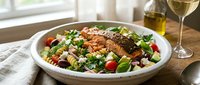 Grilled salmon fillet on fresh mixed greens with cherry tomatoes, pasta and herbs served with white wine for healthy dining and restaurant menu.