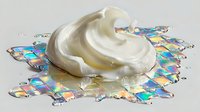 Creamy white moisturizer or cosmetic product on iridescent holographic surface with rainbow reflections, ideal for beauty product advertising.