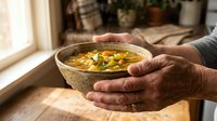 Senior man holding bowl of vegetable soup with corn and carrots by kitchen window, warm homemade meal preparation and comfort food concept for cooking and nutrition.