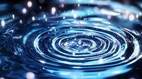 Concentric ripples on dark blue water surface with glowing light effects and droplets creating magical atmospheric circles. For backgrounds and nature concepts.