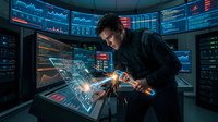 Young male trader analyzing financial data on futuristic holographic displays in high-tech trading room with multiple screens showing market charts and graphs.
