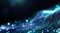 Glowing wave of luminous particles with bokeh effect on dark background creates magical atmosphere for technology and science designs.