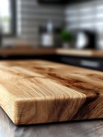 Close-up of wooden cutting board with natural grain pattern on kitchen counter, selective focus on wood texture with blurred modern kitchen background.