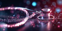 Medical stethoscope on dark reflective surface with red and blue bokeh lights creating dramatic healthcare atmosphere. Professional medical equipment.