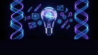 Glowing neon lightbulb with brain inside surrounded by DNA helixes and digital icons on dark background representing innovation and biotechnology.