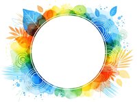Colorful watercolor frame with tropical leaves and abstract elements surrounding white circle for text or logo design on transparent background.