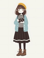 Young Asian girl in casual retro style outfit holding camera, wearing striped top, pleated skirt, mint cardigan and yellow beret. Minimalist cartoon character on light background.