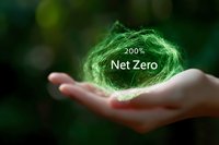 Glowing green energy sphere with "Net Zero" text floating above open palm against dark nature background, representing environmental sustainability concept.