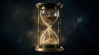 Glowing hourglass with golden sand flowing against dark starry background, symbolizing time passage, deadline, and urgency for business and conceptual projects.