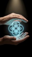 Protective hands surrounding glowing infinity knot symbol representing eternal connection, unity and endless possibilities in spiritual energy concept.