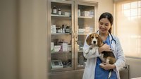 Young Asian female veterinarian in white coat holding adorable beagle puppy in modern clinic with medical supplies cabinet and warm sunlight streaming through window.