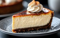 Creamy vanilla cheesecake slice with caramel topping and whipped cream on chocolate cookie crust, served on decorative plate. Close up view shows rich texture.