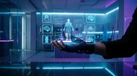 Futuristic healthcare technology with holographic human body projection and medical data interface in modern digital laboratory environment.