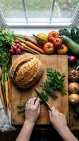 Fresh organic vegetables and artisan bread on wooden cutting board with hands chopping herbs in bright kitchen for healthy cooking and meal preparation.