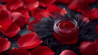 Red lip balm or cosmetic cream in glass jar surrounded by scattered rose petals on dark feathers background, romantic spa and beauty care composition.