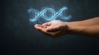 Hands holding glowing DNA double helix structure representing genetic research, biotechnology innovation, and molecular science advancement in healthcare.