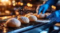 Fresh baked bread rolls dusted with flour on metal cooling rack, dramatic lighting with golden bokeh background, baker's hands sprinkling flour in motion.