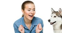 Young Caucasian woman in denim shirt smiling with husky dog on white background for pet care, veterinary, and animal companionship marketing.