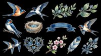 Watercolor swallow birds clipart set with nest, feather, floral branches, ribbon banner, isolated on transparent background, ready for t-shirt design, stickers, print on demand.