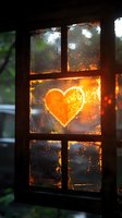 Heart shape drawn on foggy window glass illuminated by warm sunset light through windowpanes, creating romantic atmospheric mood for Valentine's day or love concepts.