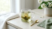 Blooming flowering tea in glass mug on marble table with white flowers, green leaf napkin, and golden spoon by window for wellness and lifestyle content.
