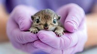 Young otter pup resting in caretaker's hands wearing protective pink gloves, wildlife rehabilitation or educational setting.