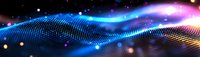 Abstract digital wave of glowing particles with blue and pink light effects flowing on black background, creating dynamic futuristic technology pattern.