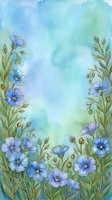 Watercolor floral border with blue wildflowers and green stems on a soft teal background, perfect for cards, invitations, and spring designs.