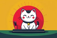 Smiling white cat with raised paws and bell on red circular background with yellow sun rays, sitting on green surface. Isolated clipart for design, merchandise, and web graphics.