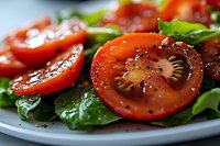 Fresh tomato and spinach salad with black pepper seasoning on white plate for healthy eating and Mediterranean cuisine recipes.