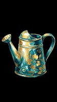 Vintage watering can with teal and gold floral design, isolated on transparent background. Ready for clipart, t-shirt design, stickers, print-on-demand, and sublimation projects.