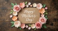 Happy Mother's Day greeting card with paper flowers wreath on rustic wooden background for celebration design.