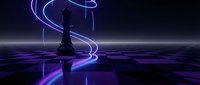 Chess king piece on checkered board with glowing purple neon light trails creating dynamic movement patterns in dark futuristic gaming environment.