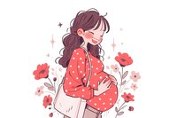 Cheerful pregnant Asian woman in polka dot dress with handbag surrounded by red and pink flowers, anime style illustration on white background.