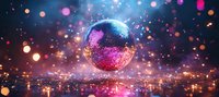 Glowing disco ball floating with pink and orange bokeh lights against dark background, sparkling reflections create magical party atmosphere.
