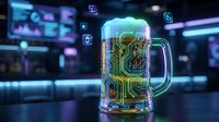 Digital beer mug with glowing circuit board pattern and floating tech icons in futuristic neon-lit bar environment for technology concepts.