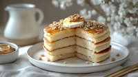 Layered sponge cake with caramel frosting and crushed nuts on white plate, styled with cream pitcher and baby's breath flowers for bakery, dessert, and food photography use.