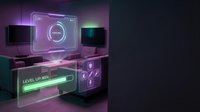 Futuristic gaming setup with neon glowing holographic interface, level up progress bar, and digital screens in purple and green lighting for tech and gaming content.