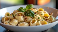 Creamy pasta shells garnished with fresh basil leaves and black pepper in white ceramic bowl, selective focus on aromatic herbs and sauce texture.