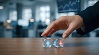 Professional hand reaching for transparent dice on wooden desk in modern office with financial charts displaying investment risk and decision making concepts.