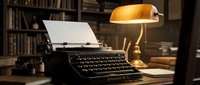 Vintage black typewriter on wooden desk with warm banker lamp in cozy library study room. Classic writing workspace with books creating nostalgic atmosphere.