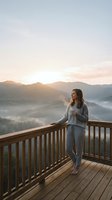 Woman in casual gray loungewear standing on wooden deck railing overlooking misty mountain valley at sunrise, contemplative lifestyle moment for wellness and travel content.