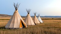 Traditional Native American teepees standing in golden prairie grassland against distant hills during sunset, warm light illuminating canvas structures in peaceful wilderness setting.