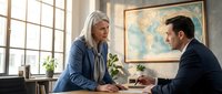 Professional mature Caucasian businesswoman with gray hair consulting with male colleague in modern office setting with world map background.