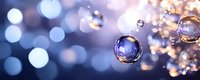 Sparkling water drops floating in air against blurred blue bokeh background, macro photography capturing liquid spheres with golden light reflections.